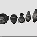 Ancient Pottery Vases With Intricate Black White Patterns Displayed In A Row With Geometric Symbols