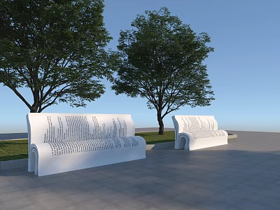 White Outdoor Chairs With Hollow Patterns Placed On Gray Pavement Near Green Trees And Grass 3d model