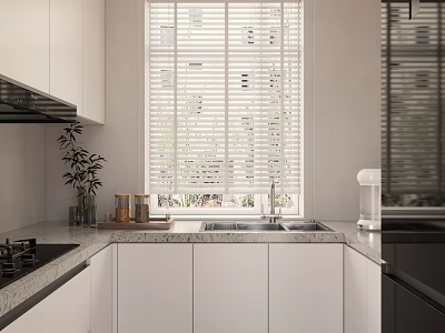 Modern Kitchen Interior Design With White Cabinets Window Blinds Sink And Black Appliances 3d model
