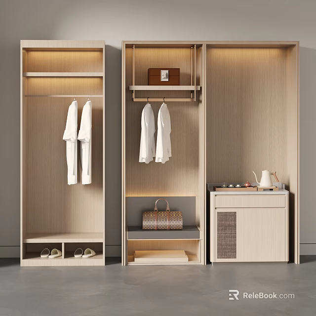 Modern Wooden Wardrobe Design With Hanging Space Shelves Shoe Storage And Drawers 3d model 
