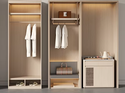 Modern Wooden Wardrobe Design With Hanging Space Shelves Shoe Storage And Drawers 3d model