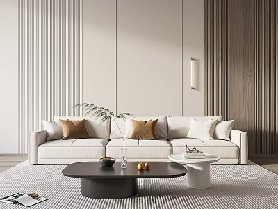 Modern Living Room Interior With White Three Seater Sofa Decorative Pillows And Black Coffee Table 3d model