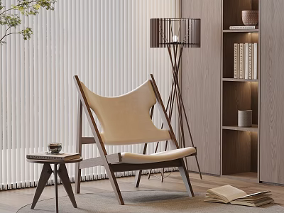 Beige Accent Chair With Wooden Frame Small Side Table Floor Lamp Bookshelf Blinds And Rug 3d model