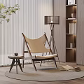 Beige Accent Chair With Wooden Frame Small Side Table Floor Lamp Bookshelf Blinds And Rug