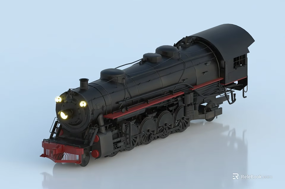 Vintage Black Model Steam Train Featuring Yellow Lights Red Accents And Classic Design 3d model 