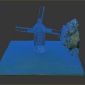 Black Windmill Model Display On Green Grass Base With Small Tree