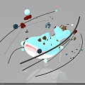 Blue Fish Shaped Creature With Colorful Circles Stripes Stars And Reflection On Dark Background