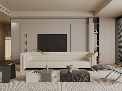 Modern Living Room Interior With Beige Sofa TV Wall Floor Lamp And Marble Coffee Table 3d model