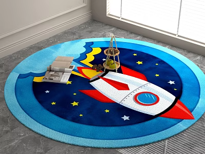 Blue Round Rug with Red and White Rocket and Yellow Stars for Kids Room Decor 3d model