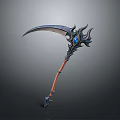 Ornate Fantasy Weapon Scythe With Curved Blade Blue Gemstone And Brown Handle