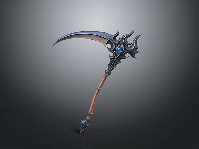Ornate Fantasy Weapon Scythe With Curved Blade Blue Gemstone And Brown Handle 3d model