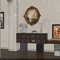 Modern Entrance Console Table With Grid Design Decorative Vase And Golden Frame Oval Painting