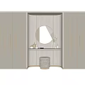Modern Dressing Table With Round Mirror Wooden Wall White Countertop And Skincare Products