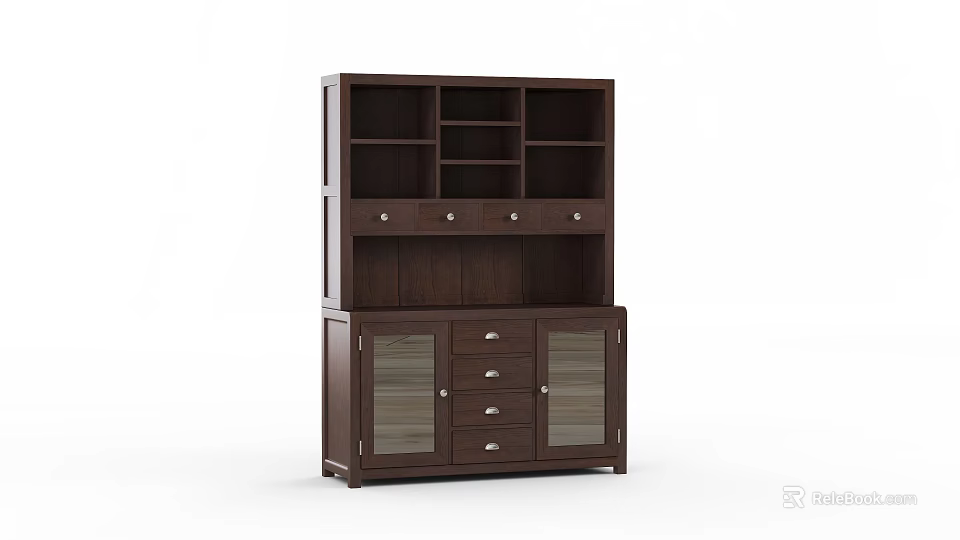 Dark Brown Wooden Storage Cabinet With Open Shelves Drawers And Glass Doors 3d model 