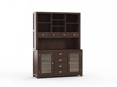 Dark Brown Wooden Storage Cabinet With Open Shelves Drawers And Glass Doors 3d model