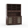 Dark Brown Wooden Storage Cabinet With Open Shelves Drawers And Glass Doors