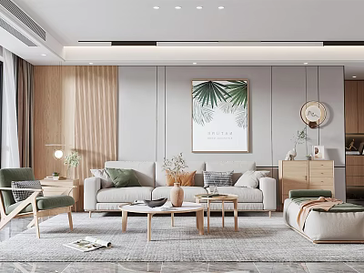 Modern Living Room Interior With Light Sofa Coffee Table And Decorative Green Plants 3d model