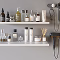Organized Daily Living Products On White Shelves With Reed Diffuser Hair Dryer And Gray Wall