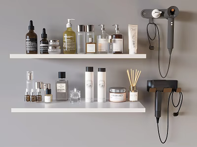 Organized Daily Living Products On White Shelves With Reed Diffuser Hair Dryer And Gray Wall 3d model