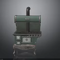 Vintage Style Green Stove Featuring Metal Parts Knobs And Decorative Stand