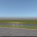 Building Exterior Wall With Decorative Metal Railing Blue Flowers Green Grassland And Blue Sky