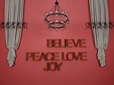 Gray Curtains on Pink Wall with Golden Believe Peace Love Joy Words and Chandelier Decoration 3d model