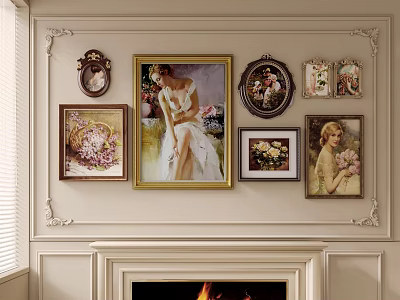 Various Style Oil Paintings With Portrait And Floral Themes On Decorative Wall Above Fireplace 3d model
