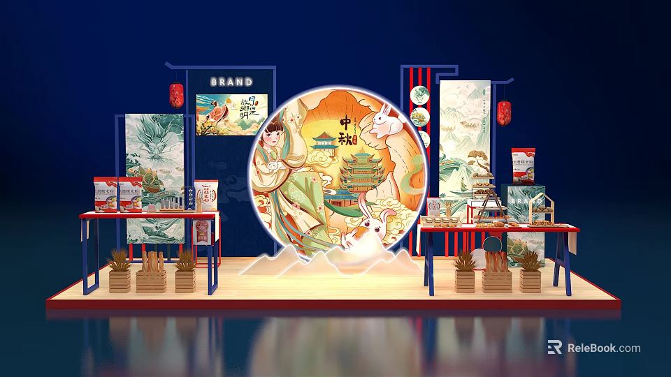 Traditional Chinese Tea Break Area With Mid Autumn Festival Round Decorative Painting And Lanterns 3d model 