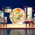 Traditional Chinese Tea Break Area With Mid Autumn Festival Round Decorative Painting And Lanterns