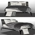 Modern Double Bed with Black White Checkered Bedding Pillows and Throw Blanket 3d model