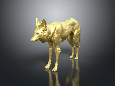 Golden Standing Wolf Sculpture with Shiny Metallic Finish on Dark Reflective Surface 3d model