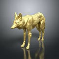 Golden Standing Wolf Sculpture with Shiny Metallic Finish on Dark Reflective Surface