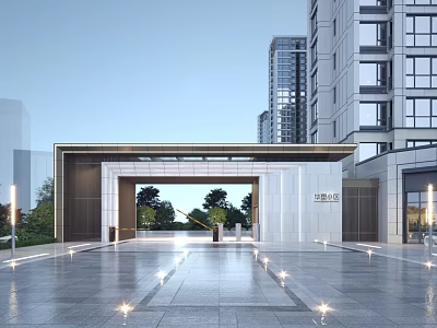 Elegant Modern Entrance Gate With High-rise Buildings Spacious Plaza Ground Lighting And Trees 3d model