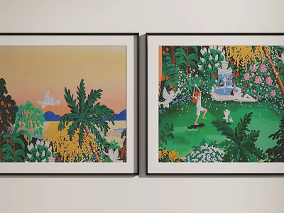 Two Framed Paintings with Sunset Palm Trees Distant Mountains Green Plants Flowers Figure and Dog 3d model