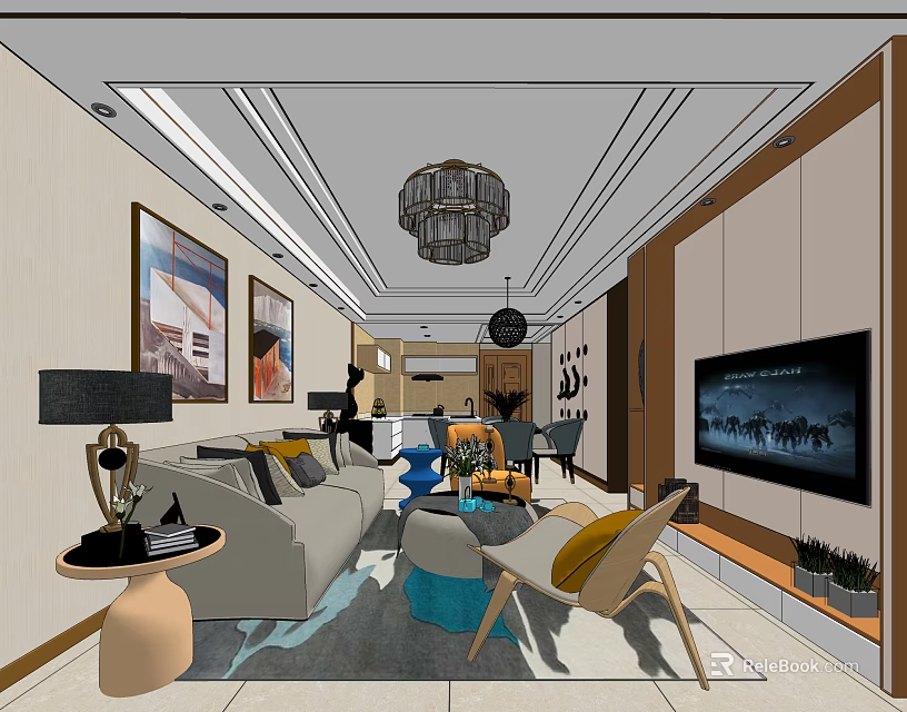 Modern Living Room Interior Design With Sofa Chandelier TV And Decorative Paintings 3d model 
