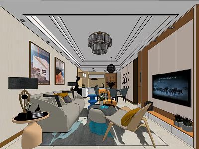 Modern Living Room Interior Design With Sofa Chandelier TV And Decorative Paintings 3d model