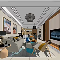 Modern Living Room Interior Design With Sofa Chandelier TV And Decorative Paintings