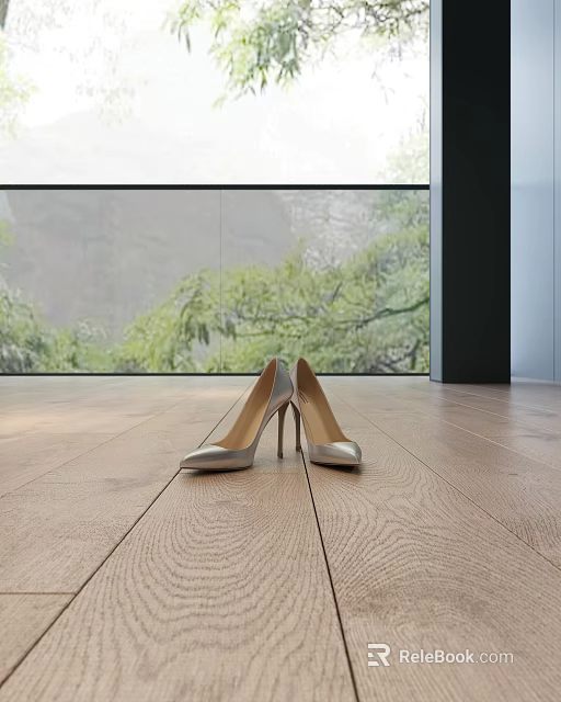 Wooden Floor with Silver High Heels in Room Featuring Large Window and Green Trees 3d model 
