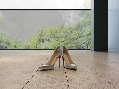 Wooden Floor with Silver High Heels in Room Featuring Large Window and Green Trees 3d model