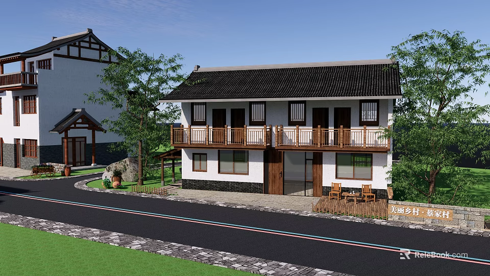 Chinese Garden Landscape With Two Story Building Black Tile Roof White Walls And Wooden Balcony 3d model 