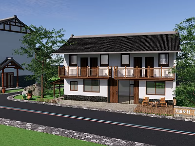 Chinese Garden Landscape With Two Story Building Black Tile Roof White Walls And Wooden Balcony 3d model