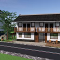 Chinese Garden Landscape With Two Story Building Black Tile Roof White Walls And Wooden Balcony