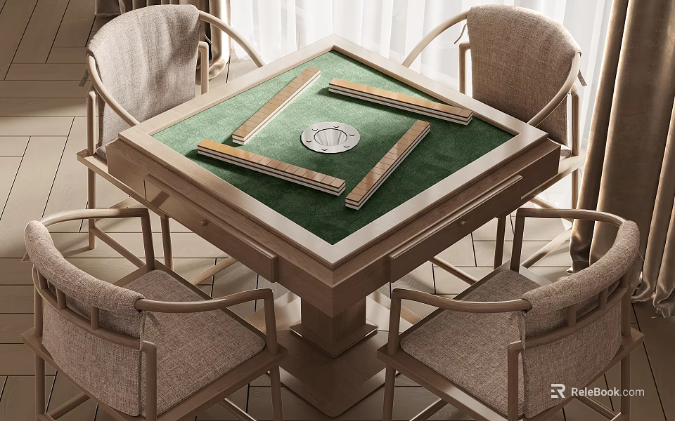 Modern Entertainment Table With Green Felt Surface Wooden Frame And Four Linen Chairs 3d model 