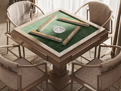Modern Entertainment Table With Green Felt Surface Wooden Frame And Four Linen Chairs 3d model