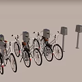 Row of Modern Bicycles Parked at Urban Docking Stations with Charging Ports