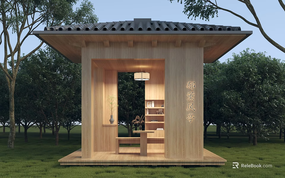 Wooden Pavilion With Black Tiled Roof Surrounded By Trees Interior Featuring Bookshelf Bench And Lamp 3d model 