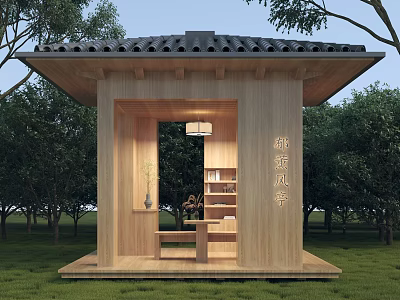 Wooden Pavilion With Black Tiled Roof Surrounded By Trees Interior Featuring Bookshelf Bench And Lamp 3d model