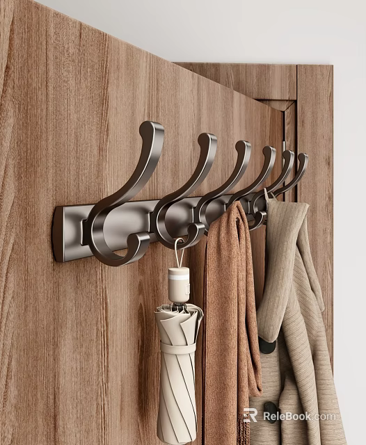 Metallic Coat Rack Mounted On Wooden Wall With Hanging Coats And Umbrella 3d model 
