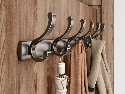 Metallic Coat Rack Mounted On Wooden Wall With Hanging Coats And Umbrella 3d model
