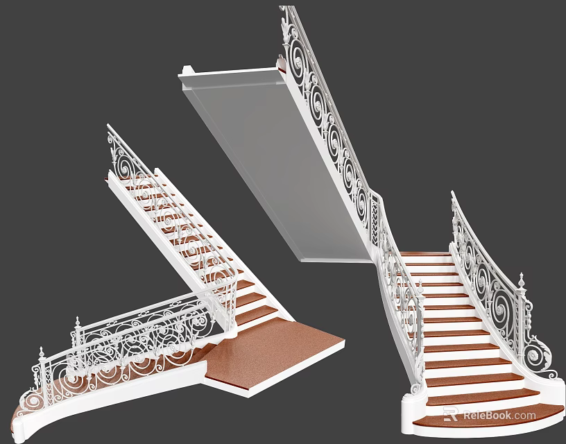 Elegant Staircase With Decorative White Railings And Brown Steps Featuring Intricate Patterns 3d model